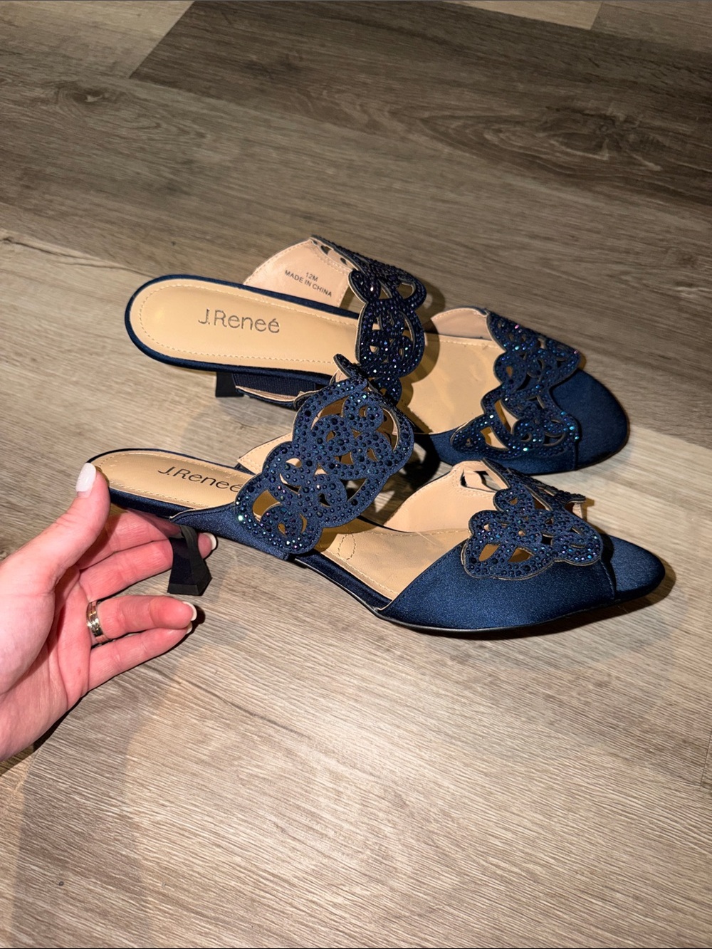 J.Renee Navy Laser-Cut Embellished Kitten-Heel Mules